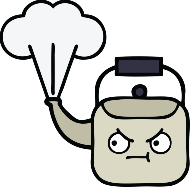 Bir insan tarafından çizilmiş dumanı tüten bir çaydanlığın sevimli çizgi filmi.