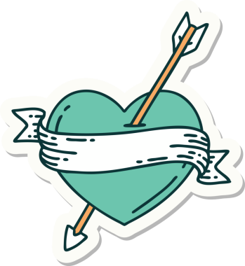 Bir insan tarafından çizilmiş ok kalp ve pankartın geleneksel stiliyle dövme çıkartması.