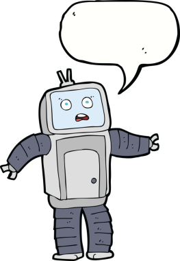 Bir insan tarafından çizilmiş konuşma balonlu komik robot.