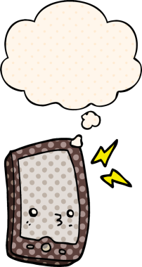 Bir insan tarafından çizilmiş çizgi roman tarzında düşünce baloncuklu cep telefonu.