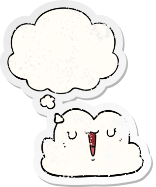 Düşünce baloncuğu olan sevimli çizgi film bulutu bir insan tarafından çizilmiş yıpranmış bir çıkartma gibi.