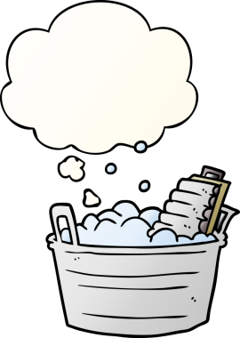 Bir insan tarafından çizilmiş yumuşak eğimli düşünce baloncuklu eski bir karikatür ve kova.