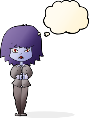 Bir insan tarafından çizilmiş düşünce balonlu vampir kadın çizgi filmi.