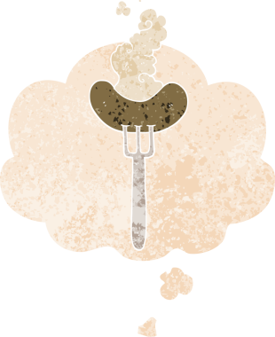 Çatal üzerinde çizgi film sosisi ve grunge 'da düşünce baloncuğu bir insan tarafından çizilmiş rahatsız edilmiş retro dokuma tarzı.