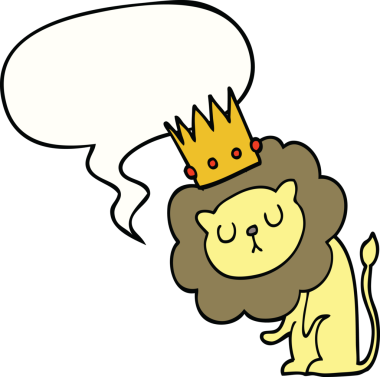 Bir insan tarafından çizilmiş konuşma baloncuklu taç takmış çizgi film aslanı.