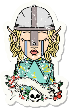 Ağlayan bir elf savaşçısı karakterinin grunge çıkartması. Doğal bir insan tarafından çizilmiş bir D20 ruloyla.