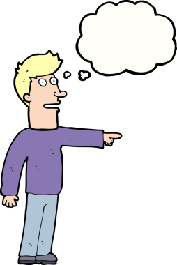 Bir insan tarafından çizilen düşünce baloncuğuyla işaret eden çizgi film adamı.