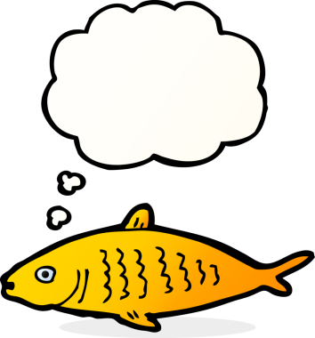 Bir insan tarafından çizilmiş düşünce baloncuklu çizgi film balığı.