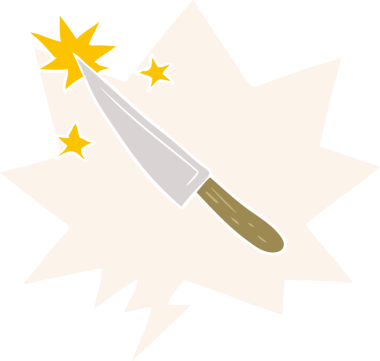 Bir insan tarafından çizilmiş eski usul konuşma baloncuğu olan keskin bir mutfak bıçağı.