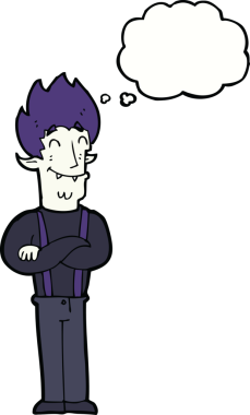 Bir insan tarafından çizilmiş düşünce balonlu mutlu vampir adam çizgi filmi.