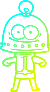 Bir insan tarafından çizilmiş ampullü mutlu bir robot çizimi.