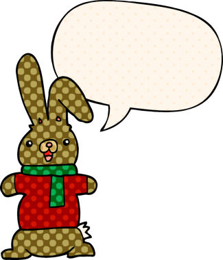 Çizgi roman tarzında konuşma balonu olan çizgi film tavşanı bir insan tarafından çizilmiş.