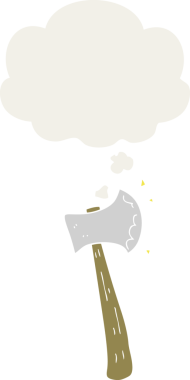 Düşünce baloncuğu olan bir balta insan tarafından çizilmiş.