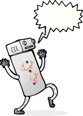 Bir insan tarafından çizilmiş konuşma balonu olan çizgi film robotu.