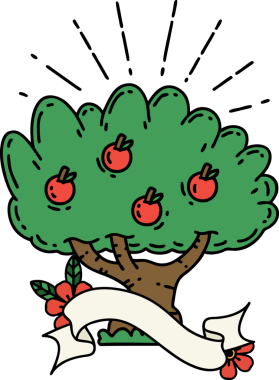 Bir insan tarafından çizilmiş dövmeli elma ağacının afişi.