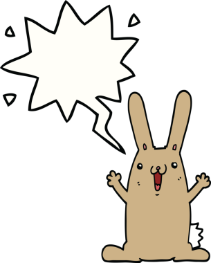 Bir insan tarafından çizilmiş konuşma balonlu çizgi film tavşanı.