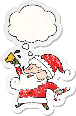 Düşünce baloncuklu sıcak kakaolu çizgi film Noel Baba 'sı bir insan tarafından çizilmiş yıpranmış bir çıkartma.