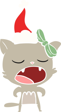 Bir insan tarafından çizilmiş Noel Baba şapkası giymiş kedi miyavlıyor.