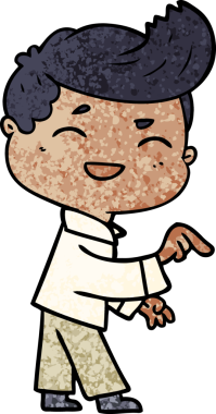 Bir insan tarafından çizilen, gülen ve işaret eden çizgi film adamı.