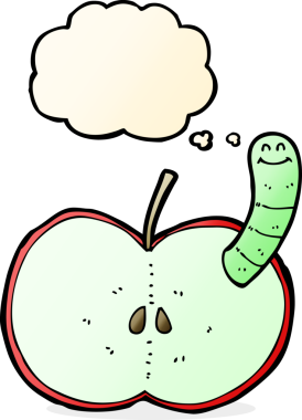 Bir insan tarafından çizilmiş düşünce baloncuğu solucanlı çizgi film elması