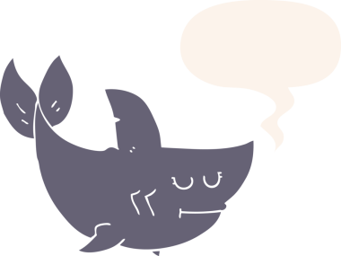 Bir insan tarafından çizilmiş, konuşma baloncuklu çizgi film köpekbalığı.