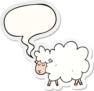 Bir insan tarafından çizilmiş konuşma balonu çıkartmalı çizgi film koyunu.