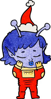 Bir insan tarafından çizilmiş Noel Baba şapkası giyen uzaylı bir kızın el çizimi karikatürü.