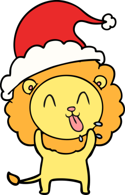 Bir insan tarafından çizilmiş Noel Baba şapkası takan bir aslanın çizdiği mutlu el çizgisi.