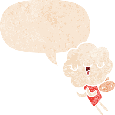 Bir insan tarafından çizilmiş grunge sıkıntılı retro tarzı ile konuşma balonu ile sevimli çizgi film başlıklı yaratık