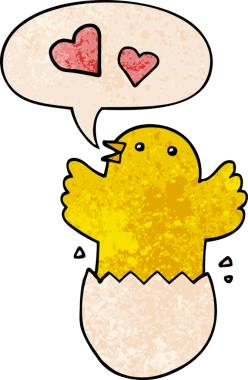 Bir insan tarafından çizilmiş, geçmişe dönük konuşma baloncuğu olan, yumurtadan çıkan sevimli yavru çizgi film.