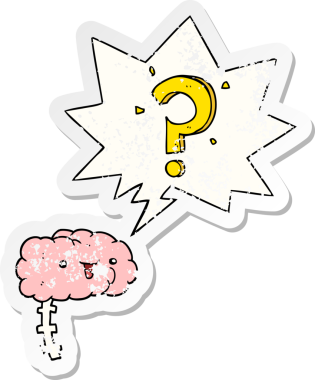 Bir insan tarafından çizilmiş, sıkıntılı, eski bir çıkartma, konuşma baloncuğu ile çizgi film meraklısı beyni.