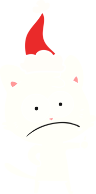 Bir insan tarafından çizilmiş Noel Baba şapkası takan gergin bir kedinin düz renkli çizimi.