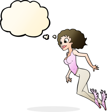 Bir insan tarafından çizilmiş düşünce balonlu uçan kadın.