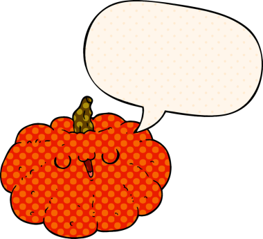 Bir insan tarafından çizilmiş çizgi roman tarzında konuşan balkabaklı mutlu bir çizgi film.