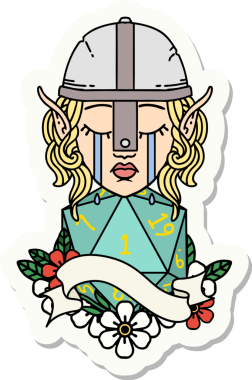 Ağlayan bir elf savaşçı karakterinin çıkartması. Doğal bir insan tarafından çizilmiş bir D20 rulo.