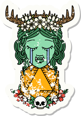 Hüzünlü bir yarı ork Druid karakterinin grunge çıkartması. Bir zar bir insan tarafından çizilmiş.