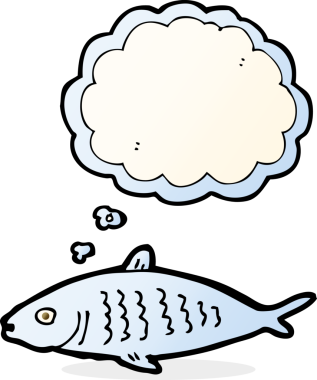 Bir insan tarafından çizilmiş düşünce baloncuklu çizgi film balığı.