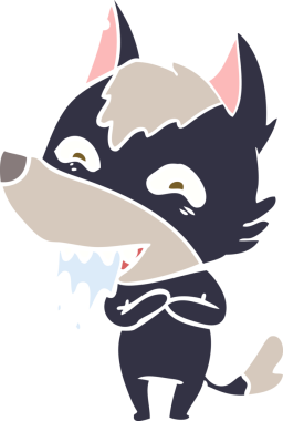 Düz renkli çizgi film aç kurt bir insan tarafından çizilmiş.