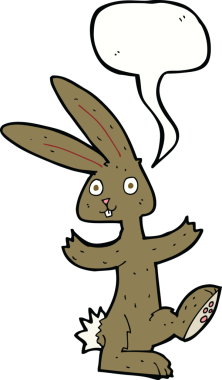 Bir insan tarafından çizilmiş konuşma balonlu çizgi film tavşanı.