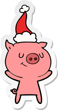Bir insan tarafından çizilmiş Noel Baba şapkası takan bir domuzun mutlu el çizimi karikatürü.