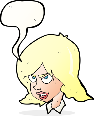 Bir insan tarafından çizilmiş konuşma baloncuğuyla rahatsız bir kadın.