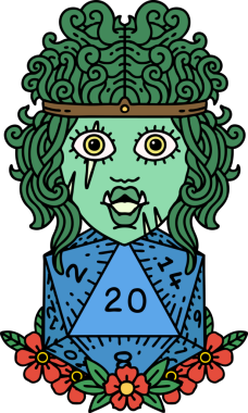 Retro Dövme Tarzı Ork barbarlığı. Bir insan tarafından çizilmiş doğal yirmi zar.