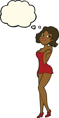 Düşünce baloncuğu çizilmiş kısa elbiseli çekici bir kadın.