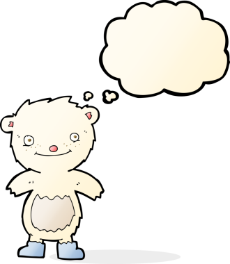 Bir insan tarafından çizilmiş düşünce baloncuklu çizme giyen oyuncak kutup ayısı