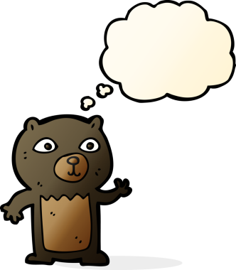 Bir insan tarafından çizilmiş düşünce baloncuğu ile siyah ayı yavrusunu sallayan çizgi film.