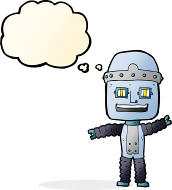 Bir insan tarafından çizilmiş düşünce baloncuklu çizgi film robotu.