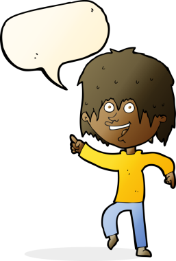 Bir insan tarafından çizilmiş konuşma balonu olan mutlu bir çocuk.