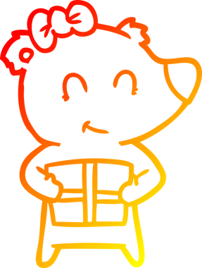 Dişi bir kutup ayısının sıcak çizgi çizimi ve bir insan tarafından çizilmiş Noel hediyesi.