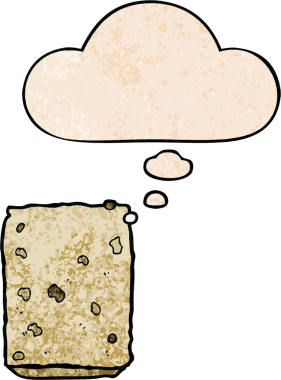 Düşünce baloncuklu çizgi film bisküvisi. Bir insan tarafından çizilmiş grunge doku tarzı.