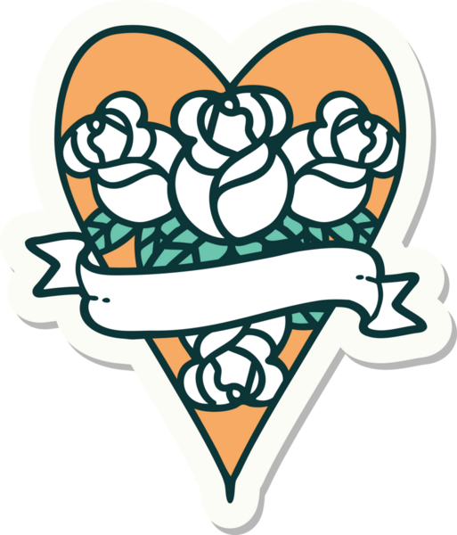 Geleneksel kalp stili dövme çıkartması ve bir insan tarafından çizilmiş çiçekli pankart.